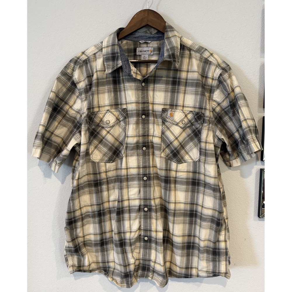 Carhartt Men's XL Relaxed Fit Plaid Short Sleeve Pearl Snap Western Shirt